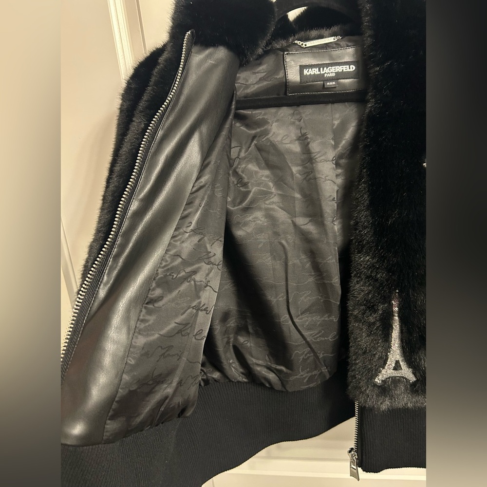 Karl Lagerfeld Faux Fur Logo Patch Bomber Jacket - Picture 8 of 17